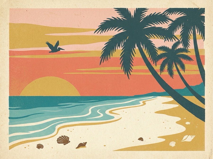 Retro postcard of a white-sand Naples Gulf beach with shells, palms and a sunset