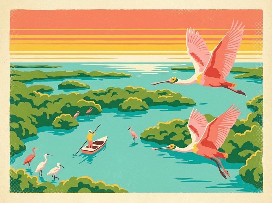 Retro postcard of the Ten Thousand Islands mangroves near Naples with a boat and wading birds