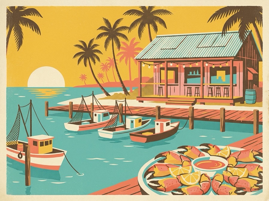 Retro postcard of a waterfront seafood shack on Naples Bay at sunset