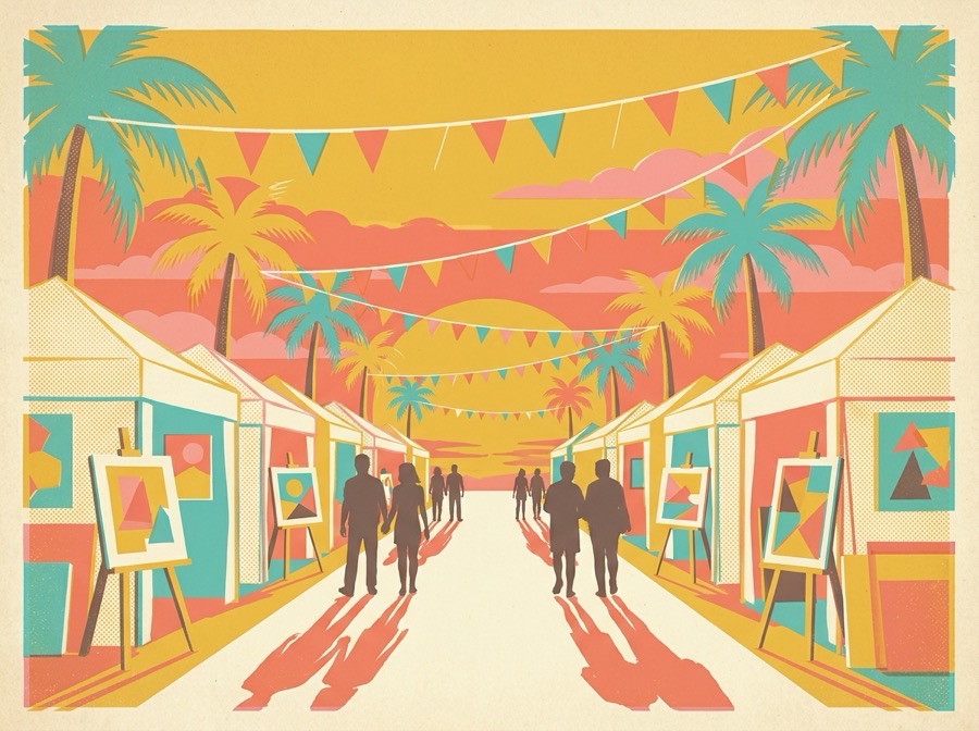 Retro postcard of an outdoor art festival on a palm-lined Naples avenue at sunset