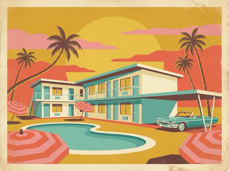 Retro postcard of an Old-Florida Gulf-front resort with a pool and palms at sunset