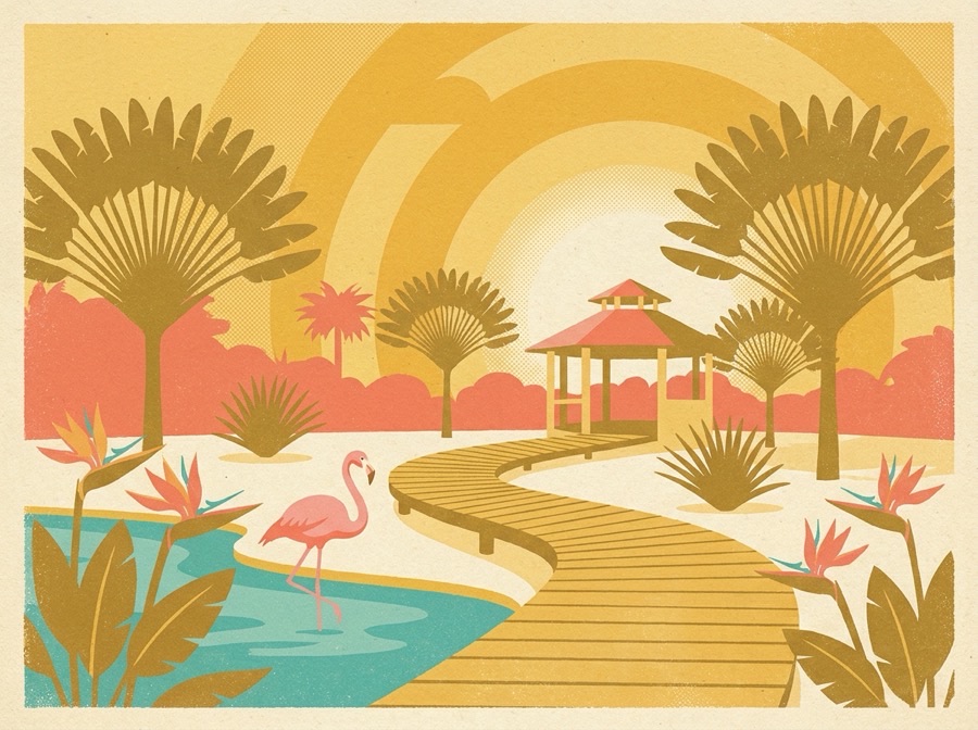 Retro postcard of a tropical Naples botanical garden at golden hour