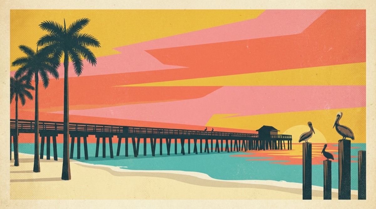 Retro postcard of the Naples Pier silhouetted against a Gulf sunset with royal palms and pelicans